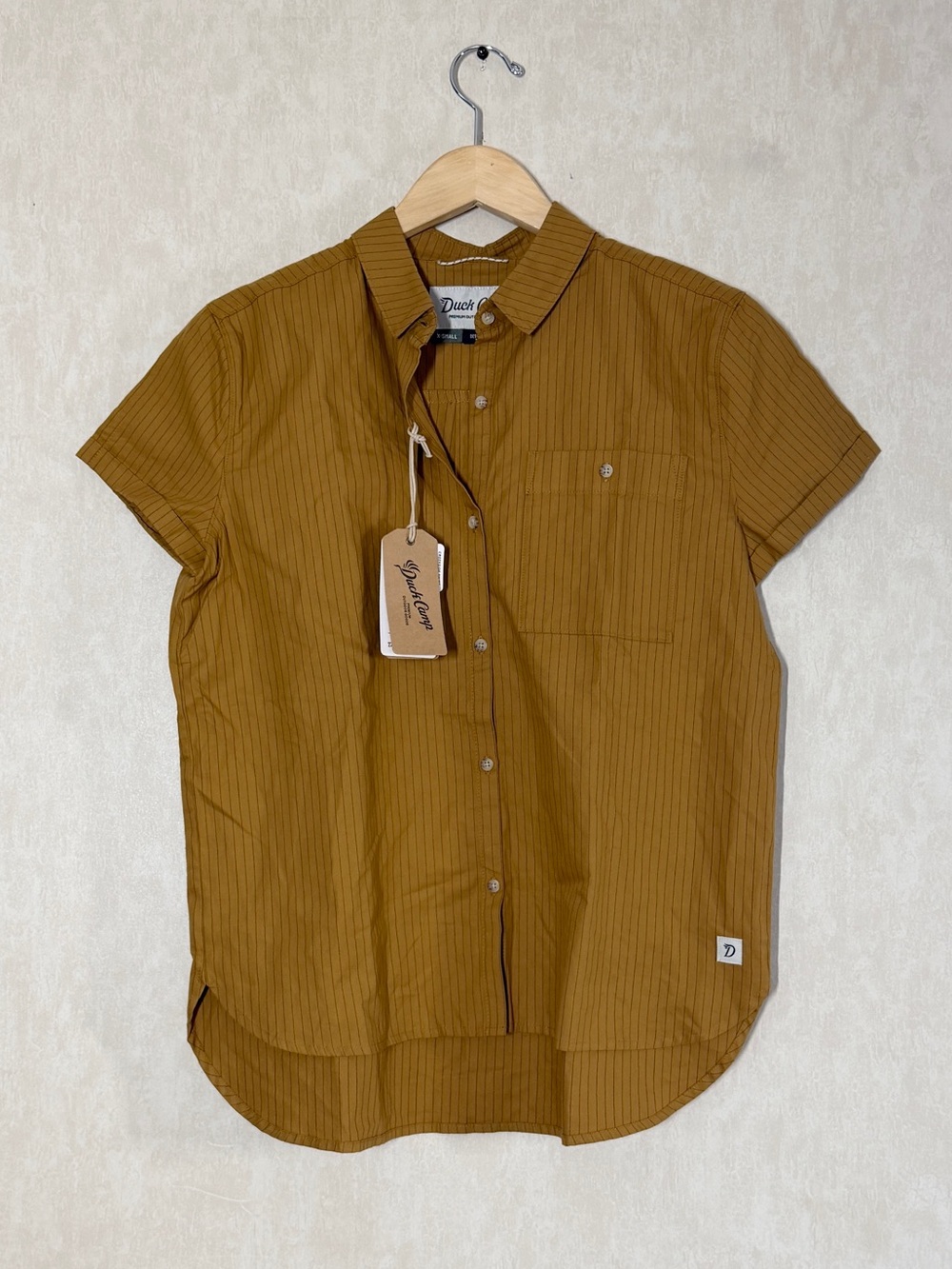 NWT Duck Camp Women’s Creekside Shirt Shortsleeve in Ammo Pinstripe XS
